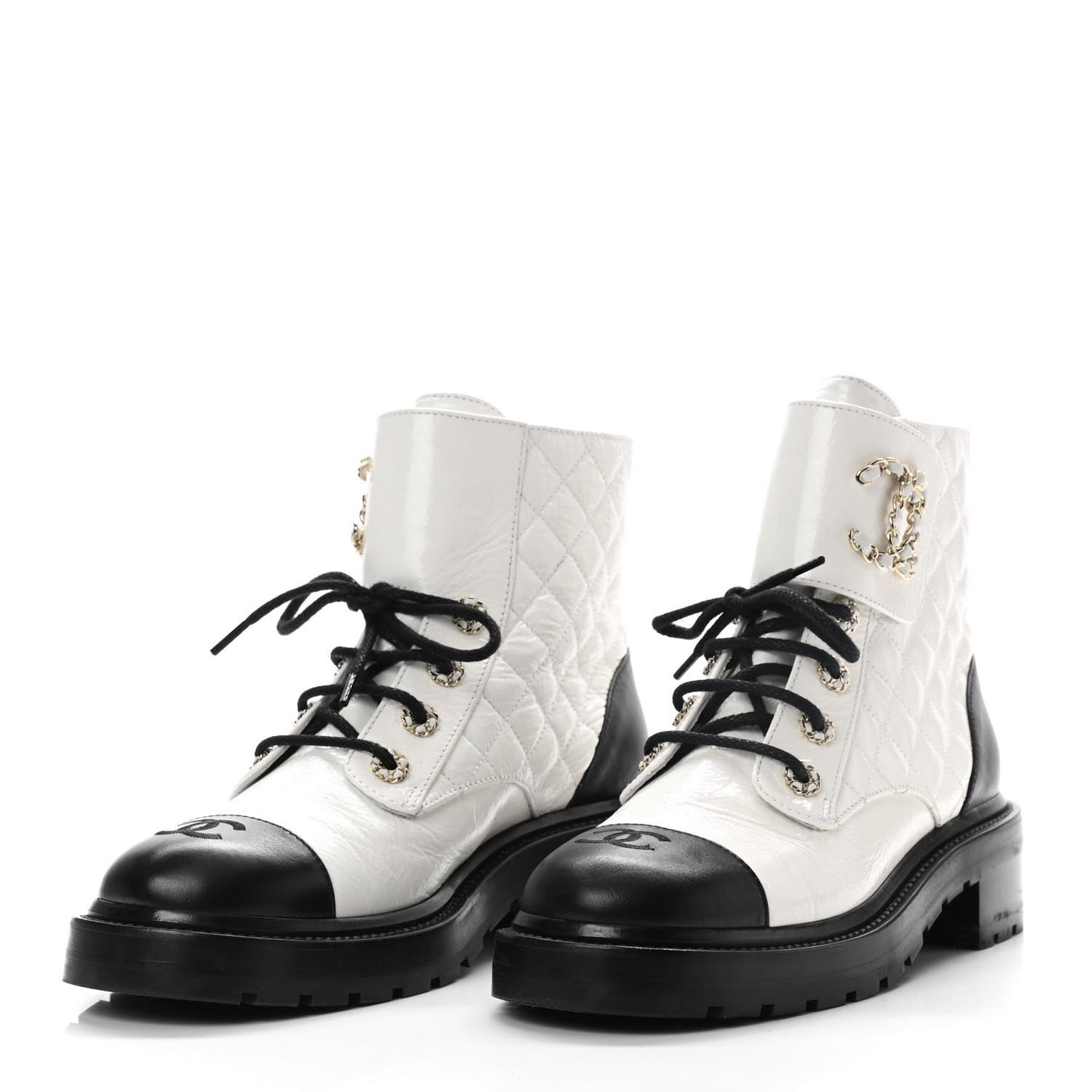 Shiny Goatskin Calfskin Quilted Lace Up Combat Boots 39 White Black