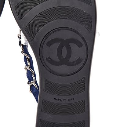 Chanel Suede Calfskin Quilted Chain Thong Sandals 36.5 Navy Blue 6 of 7