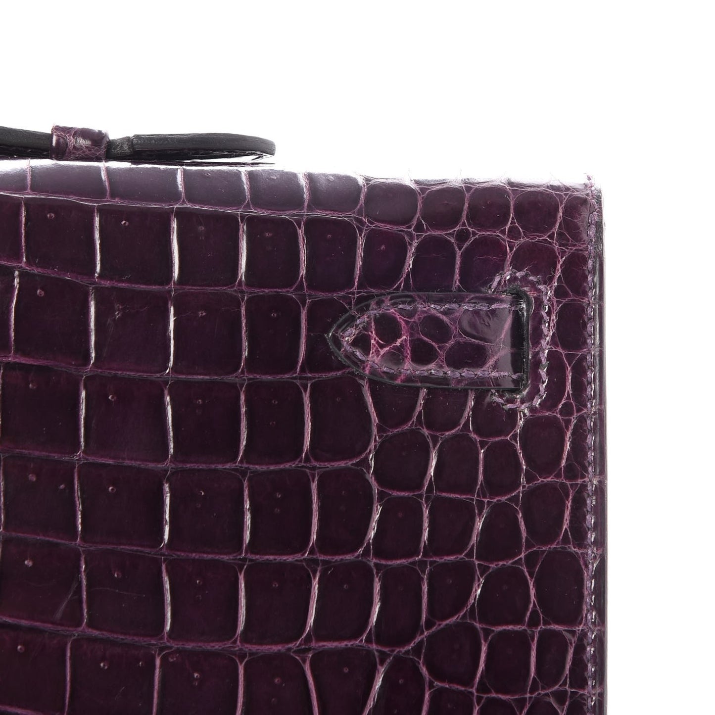 Shiny Porosus Crocodile Kelly Cut Pochette Aubergine