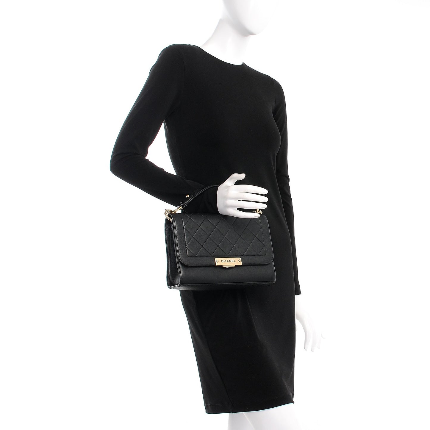 Grained Calfskin Quilted Medium Label Click Flap Bag Black