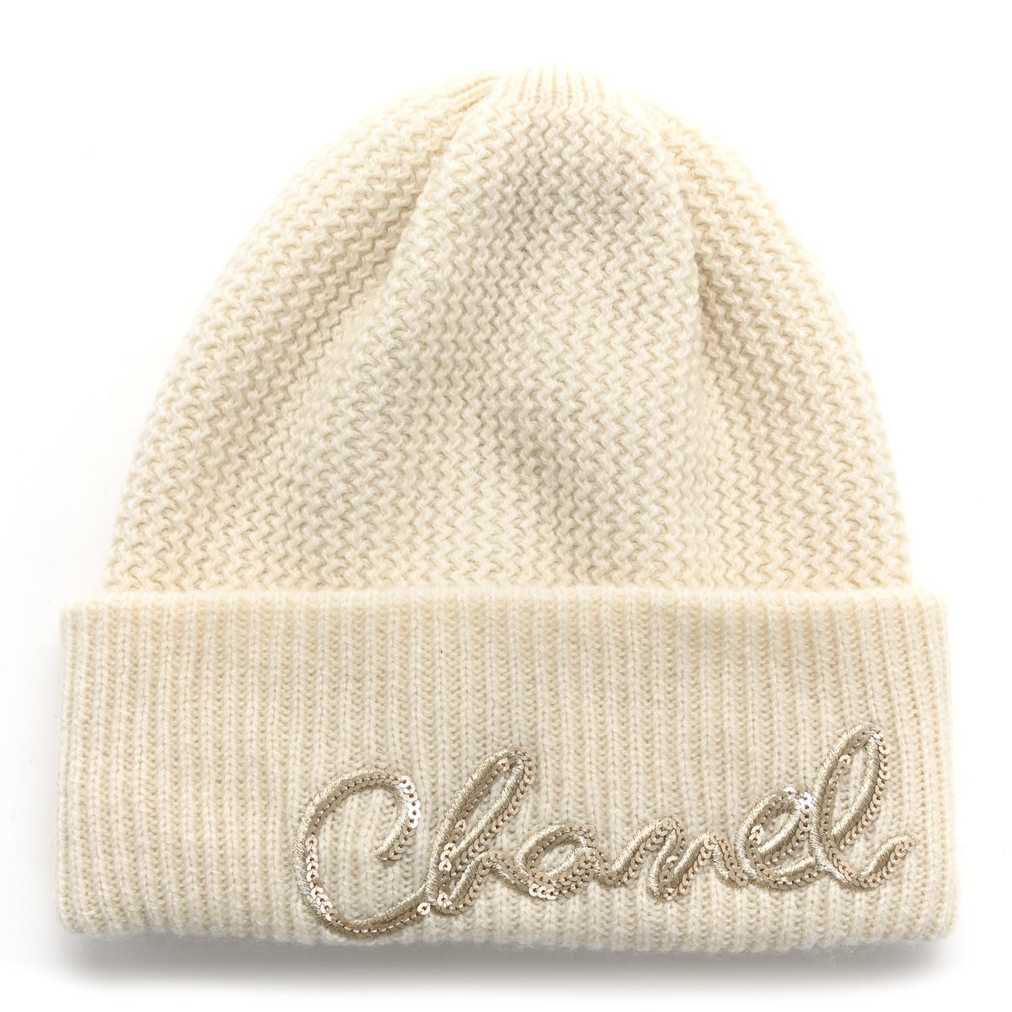 Cashmere Sequin Logo Beanie Hat Ivory Gold