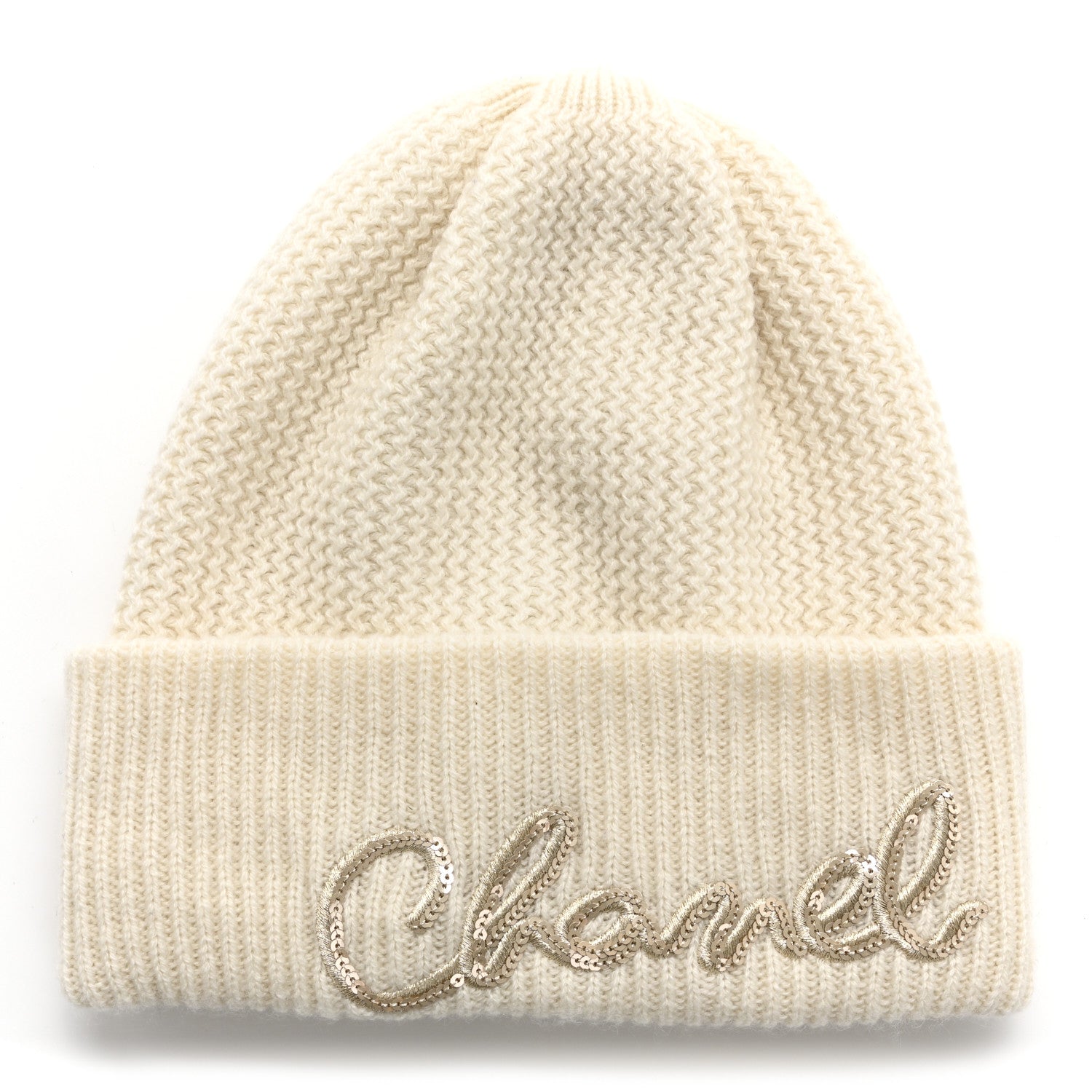 Chanel Cashmere Sequin Logo Beanie Hat Ivory Gold 1 of 5