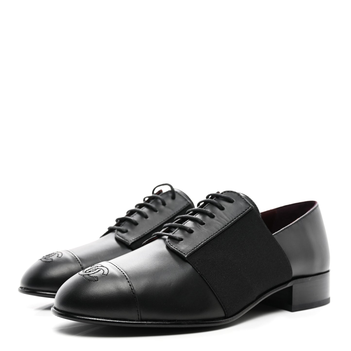 Calfskin Elastic Lace Up Cap Toe CC Loafers 38 Black