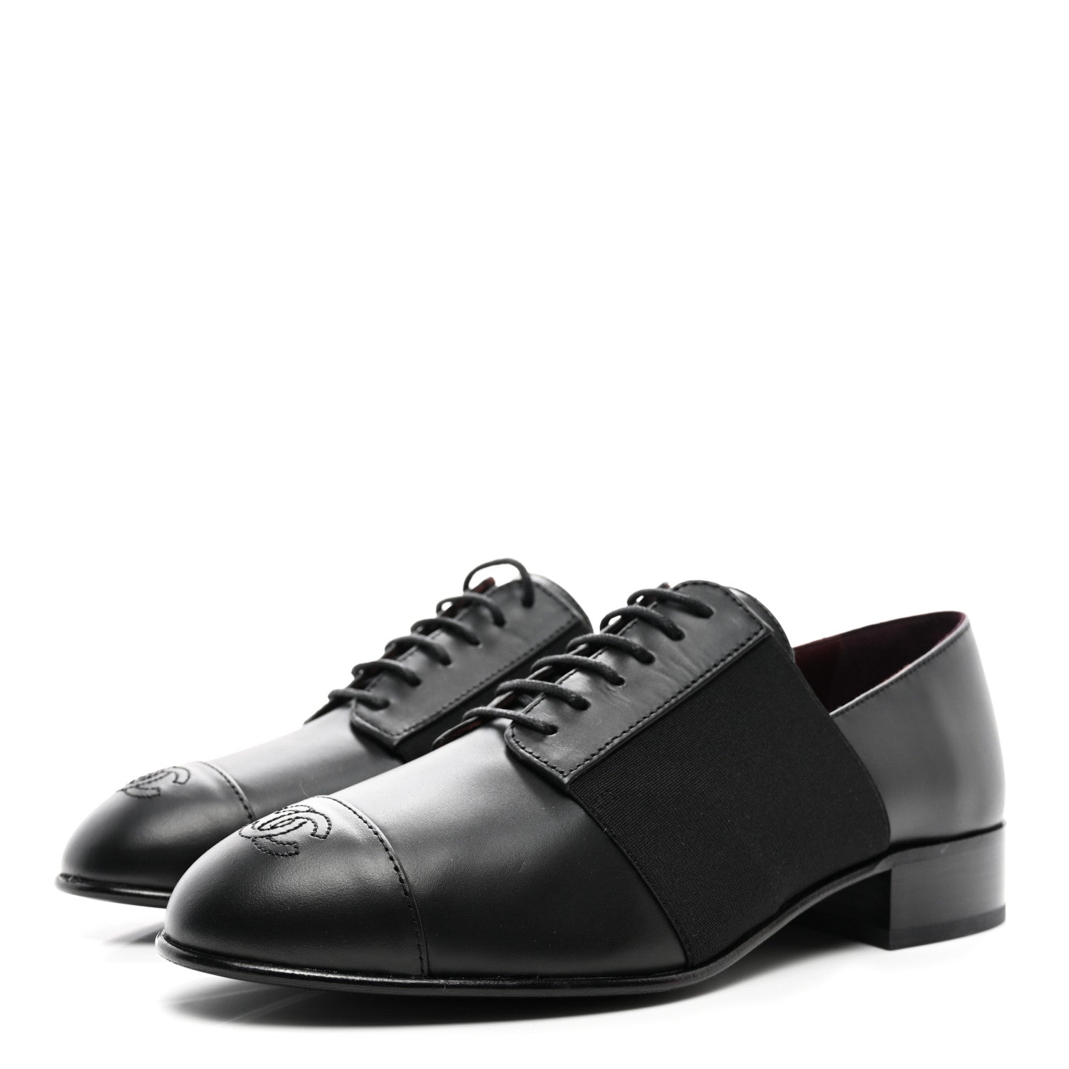 Chanel Calfskin Elastic Lace Up Cap Toe CC Loafers 38 Black 3 of 8
