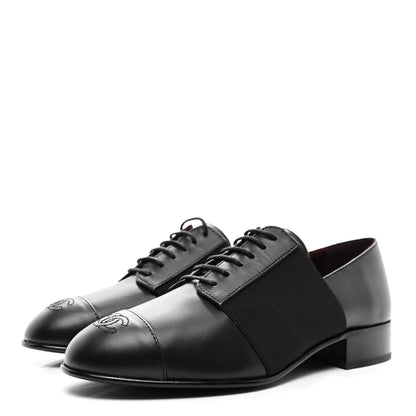 Chanel Calfskin Elastic Lace Up Cap Toe CC Loafers 38 Black 3 of 8