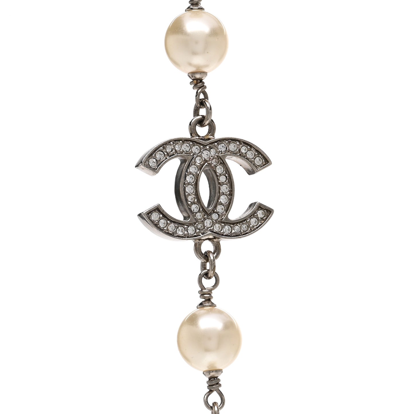 Graduated Pearl Crystal CC Long Necklace Silver