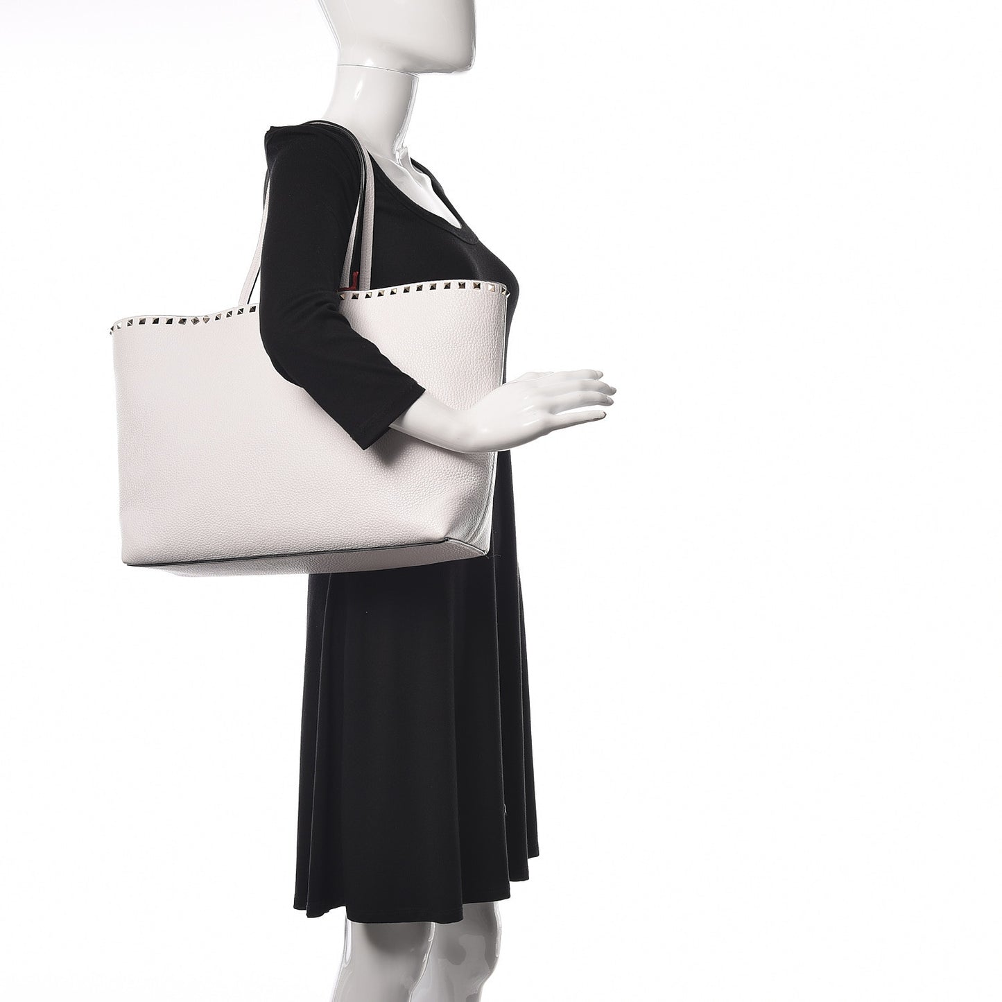 Grained Calfskin Rockstud Shoulder Tote Optic White