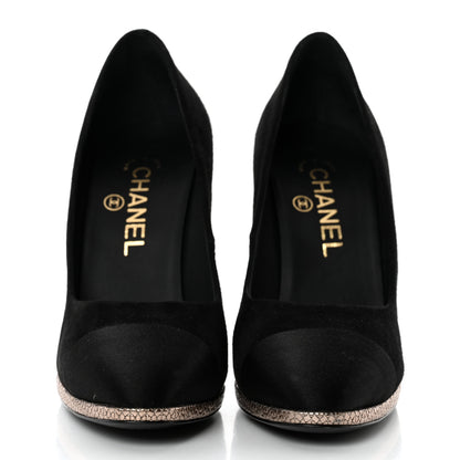Chanel Suede Calfskin Satin Cap Toe CC Pumps 37 Black 2 of 9