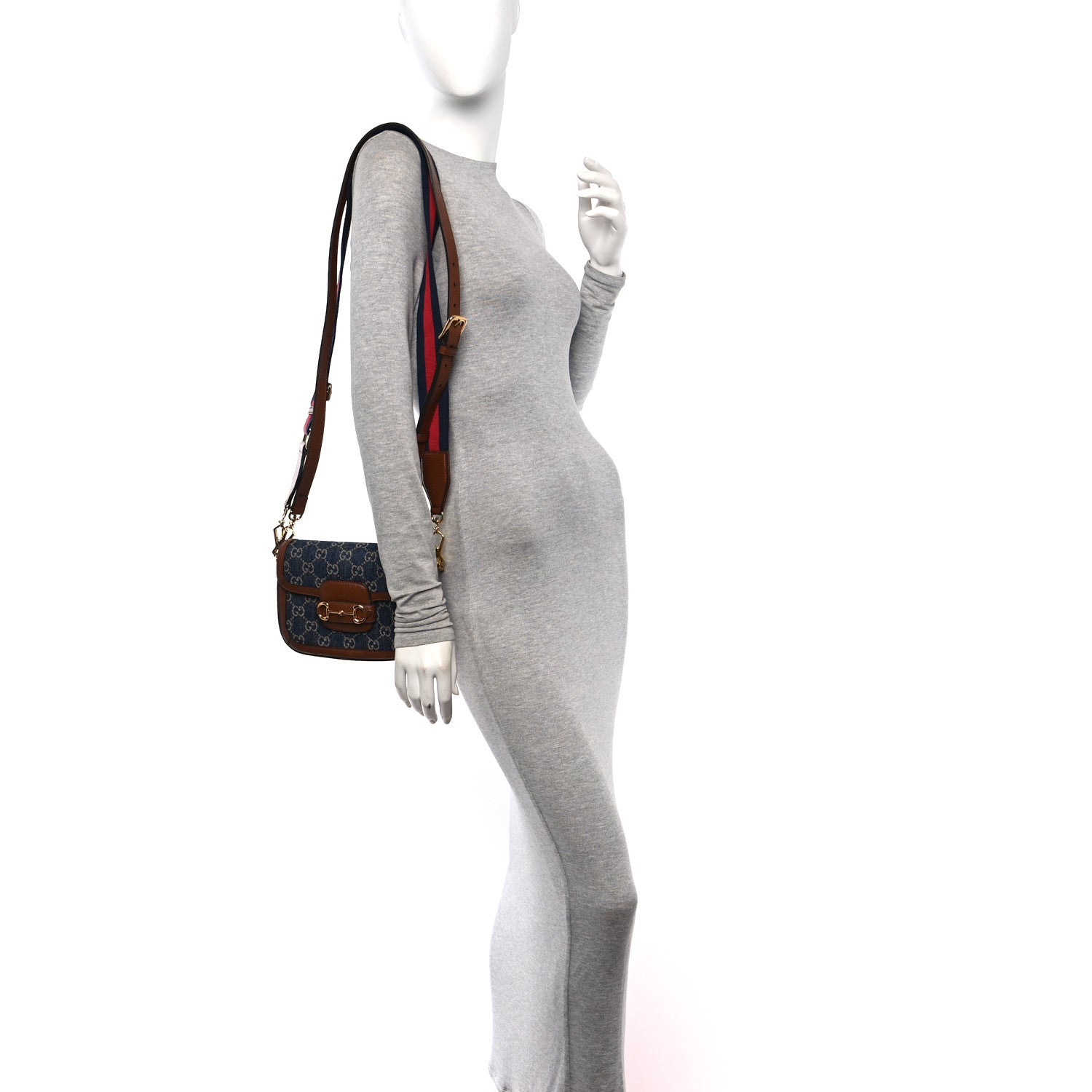 Gucci New Denim GG Monogram Dollar Calfskin Web Mini Horsebit 1955 Shoulder Bag Blue Tea Cuir Epilog 2 of 12