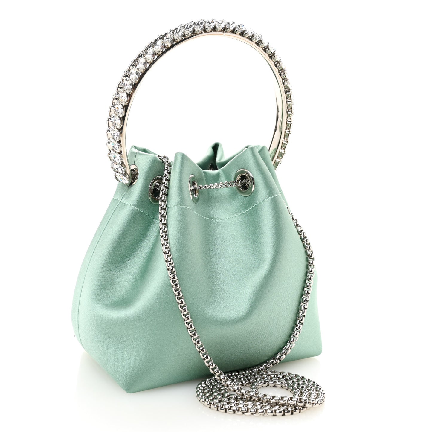 Satin  Crystal Embellished Bon Bon Bucket Bag Celeste