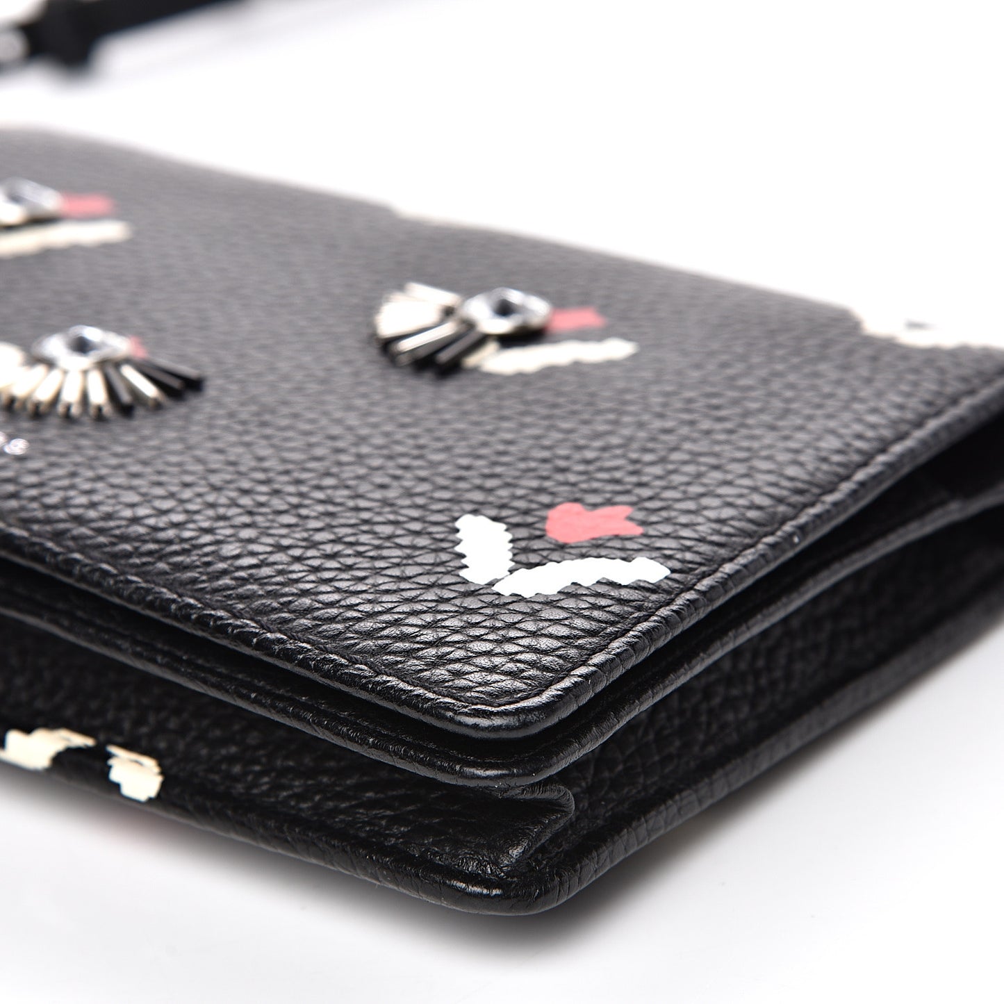 Grained Calfskin Embellished Tulip Print Wallet Crossbody Black Multicolor