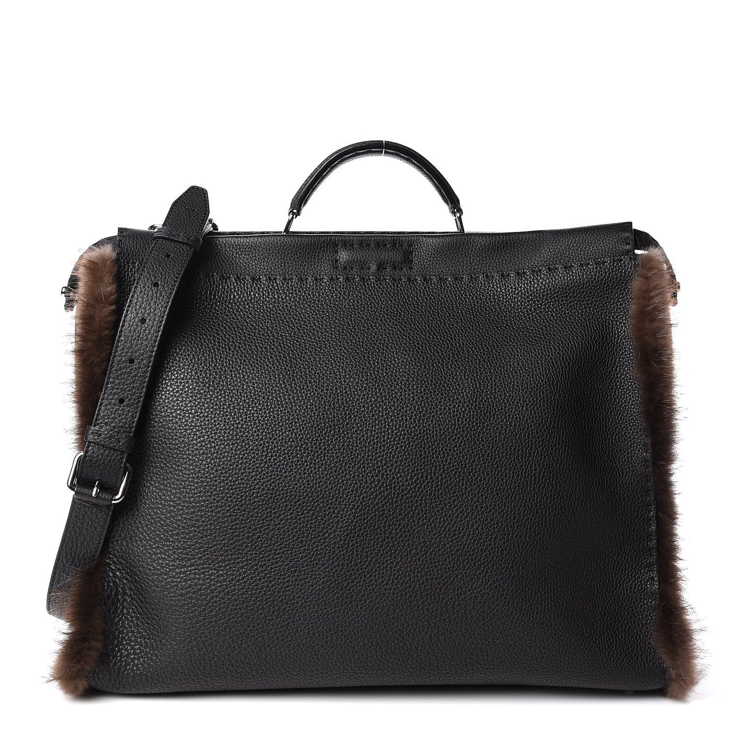Calfskin Romano Mink Fur Selleria Large Peekaboo Essential Iconic Satchel Black