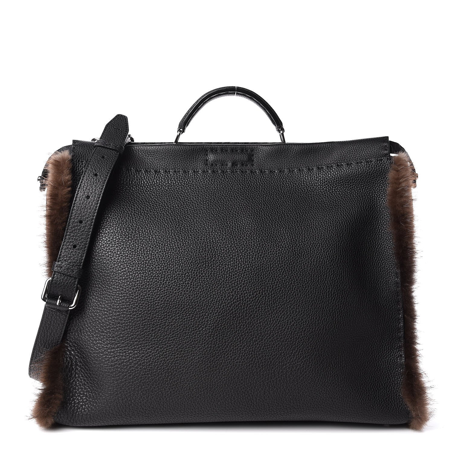 Fendi Calfskin Romano Mink Fur Selleria Large Peekaboo Essential Iconic Satchel Black 1 of 10