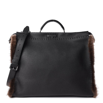 Fendi Calfskin Romano Mink Fur Selleria Large Peekaboo Essential Iconic Satchel Black 1 of 10