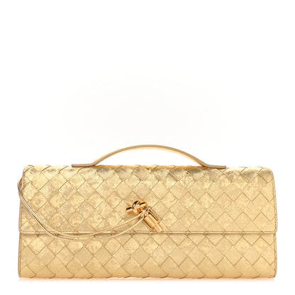 Bottega Veneta Metallic Satin Lambskin Intrecciato Long Andiamo Top Handle Clutch Gold 1 of 10
