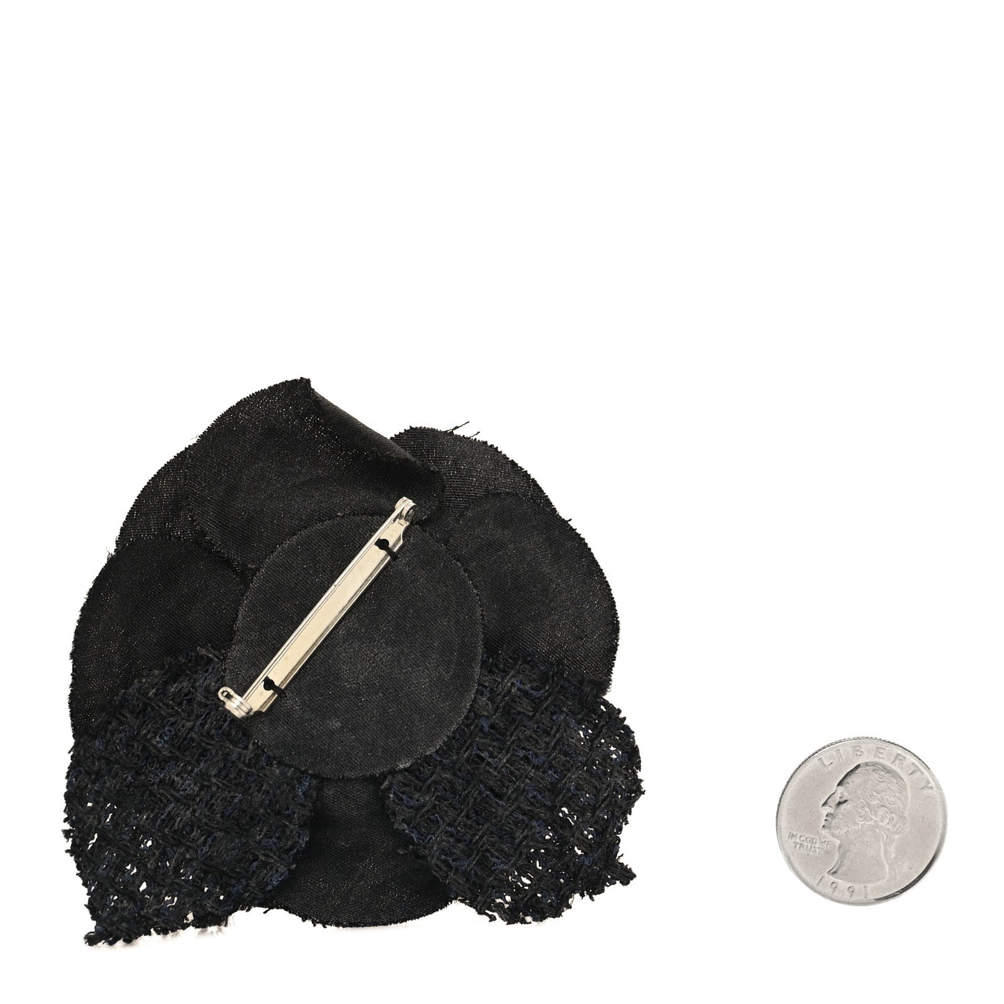 Tweed Fabric Camellia Pin Brooch Black