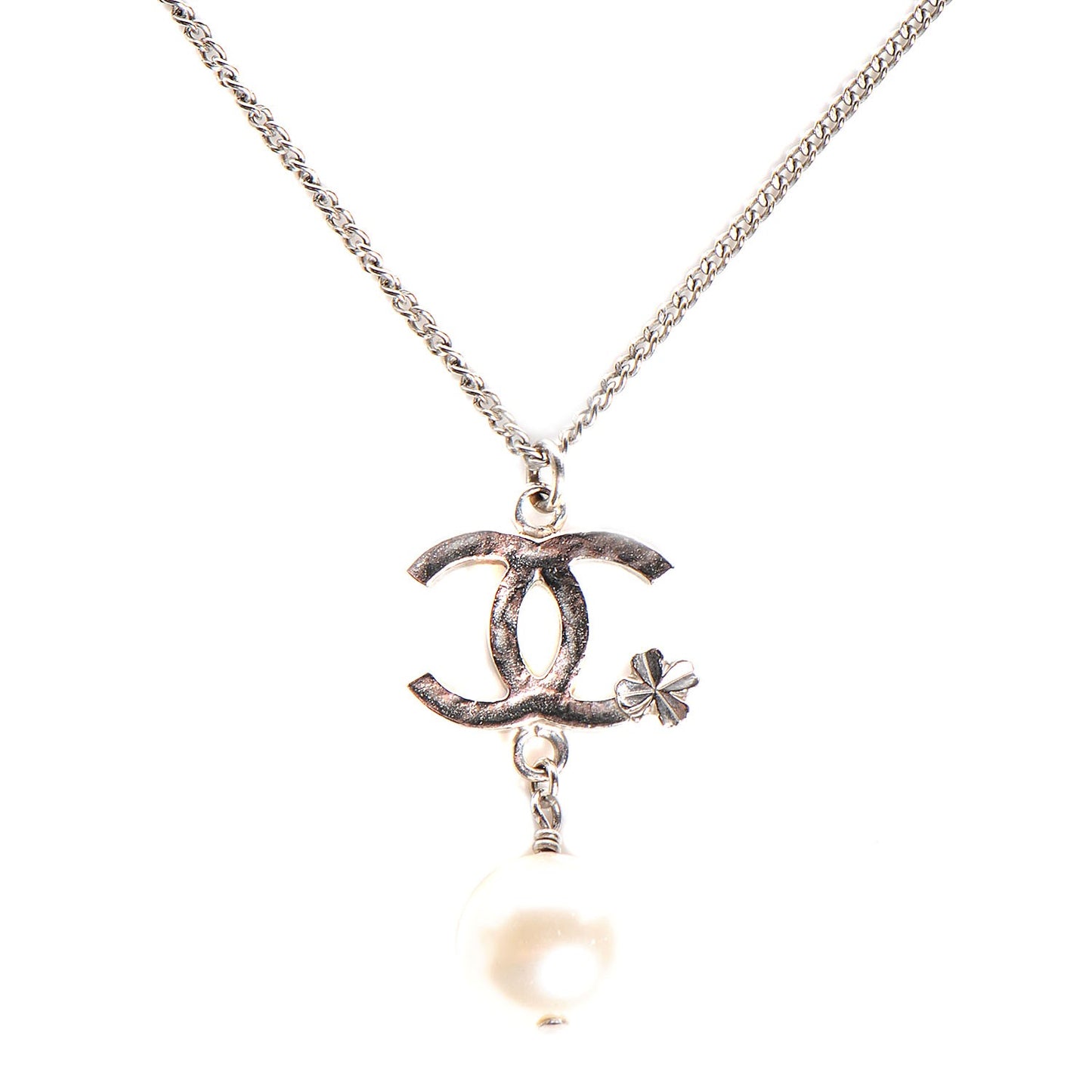 Pearl Clover CC Drop Necklace Silver