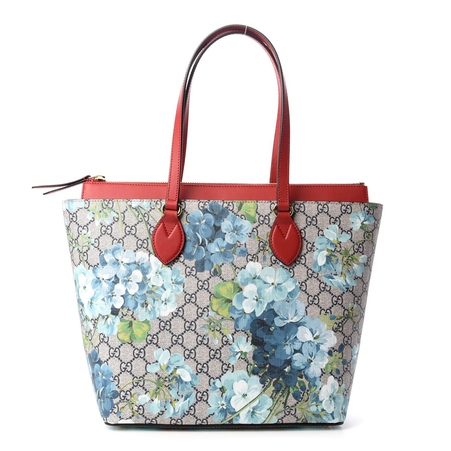 Gucci GG Supreme Monogram Blooms Medium Zippered Bucket Tote Beige Blue Navy Hibiscus Red 1 of 9