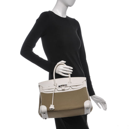 Hermes Swift Toile Birkin 35 Blanc Vert Miliatire 2 of 27