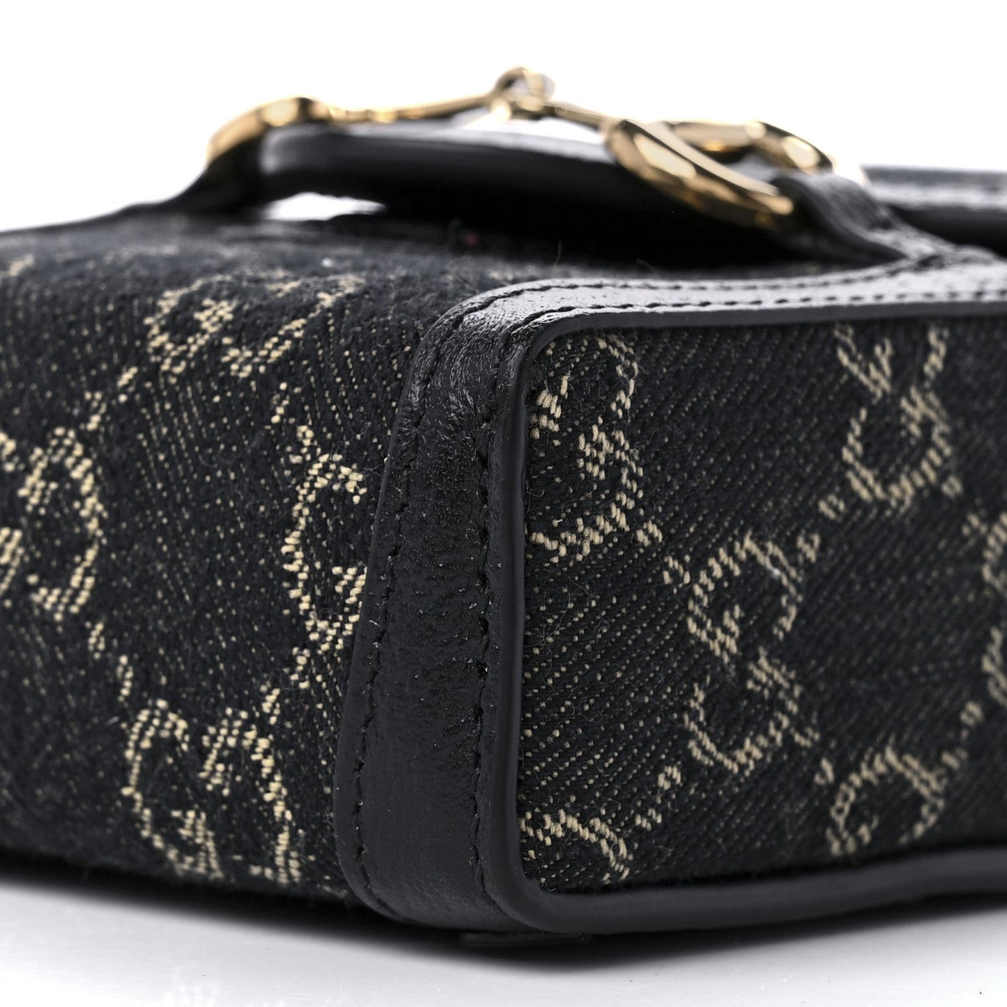 Jacquard Black Denim GG Monogram Textured Dollar Calfskin Mini Horsebit 1955 Crossbody Bag Black Ivory
