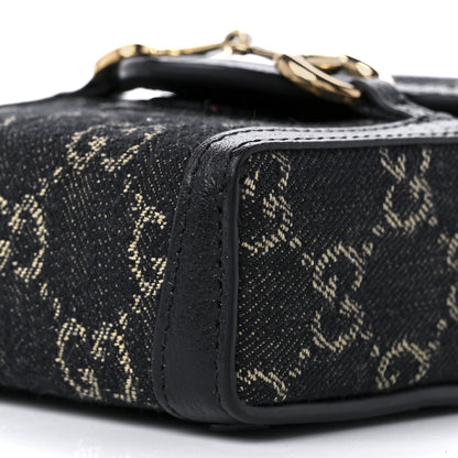 Gucci Jacquard Black Denim GG Monogram Textured Dollar Calfskin Mini Horsebit 1955 Crossbody Bag Black Ivory 9 of 9