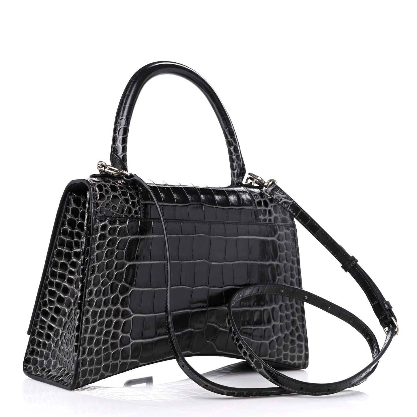 Shiny Calfskin Crocodile Embossed Medium Hourglass Top Handle Bag Dark Grey