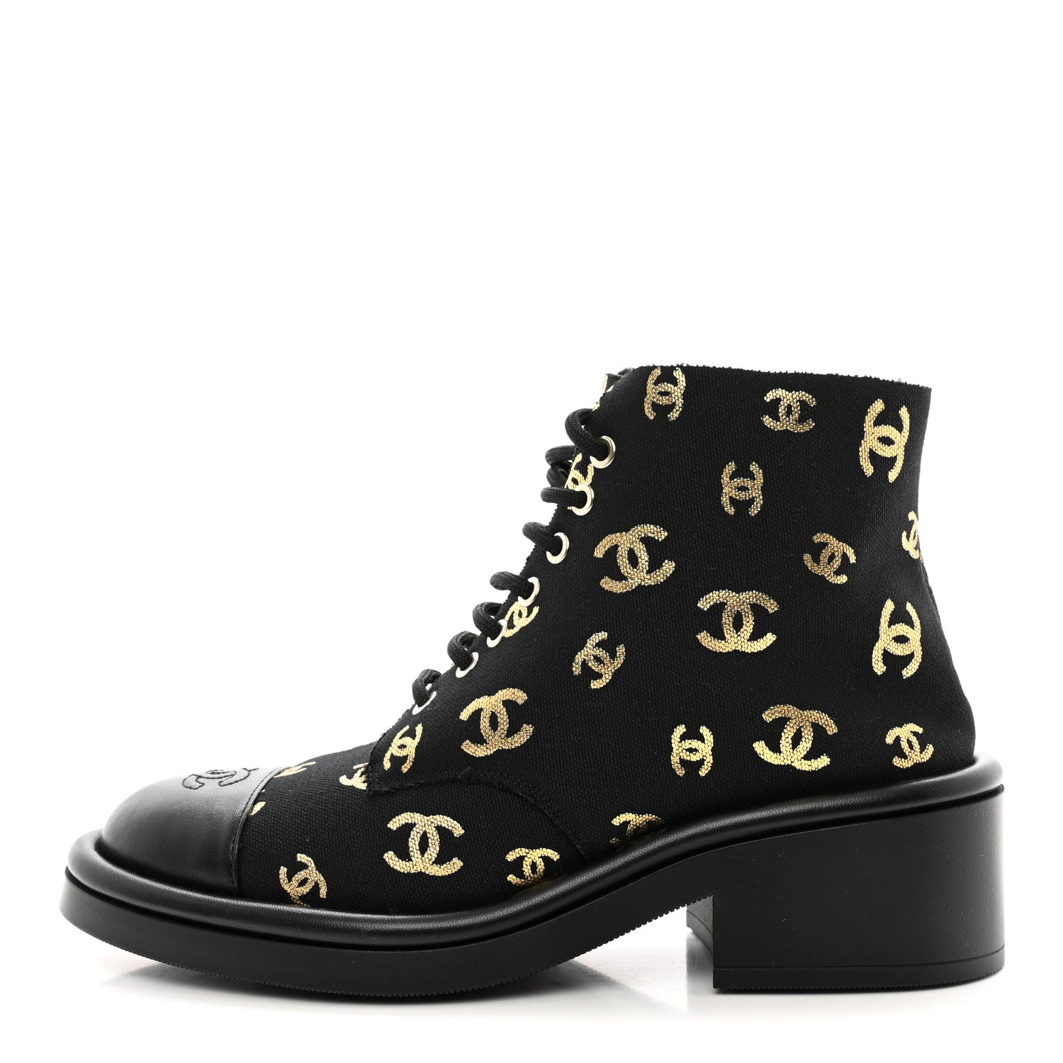 Chanel Lambskin Shearling Canvas CC Lace Up Boots 40 Black Gold 1 of 10