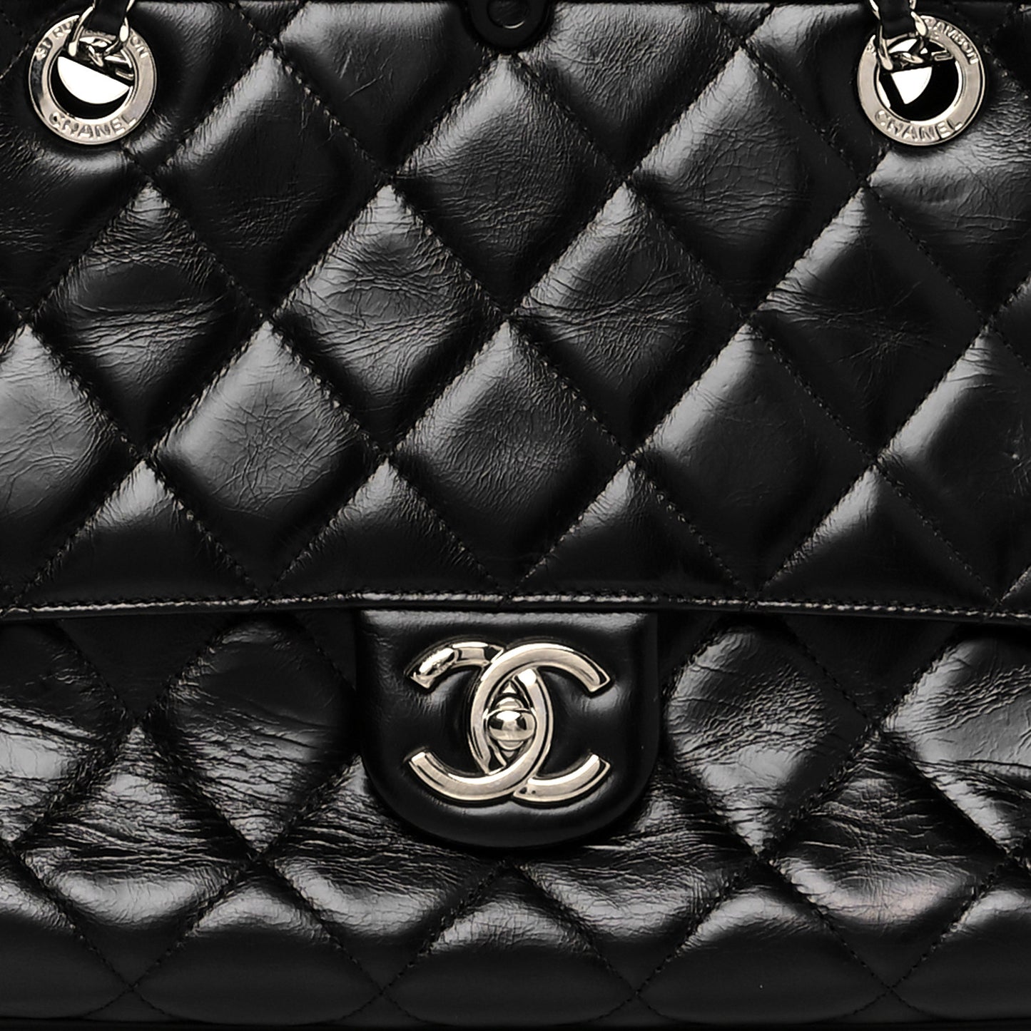 Glazed Calfskin Quilted Small CC Delivery Tote Black
