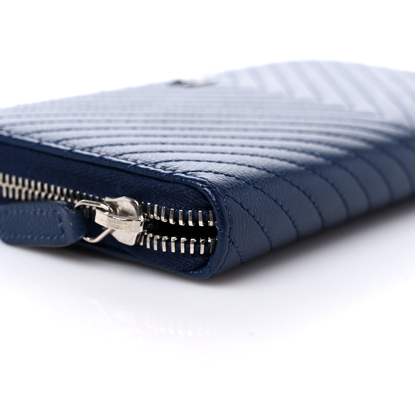 Caviar Chevron Quilted Large Gusset Zip Around Wallet Navy