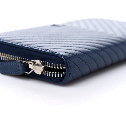 Chanel Caviar Chevron Quilted Large Gusset Zip Around Wallet Navy 9 of 13