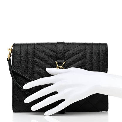 Saint Laurent Grain De Poudre Textured Mixed Matelasse Triquilt Monogram Clutch Black 2 of 9