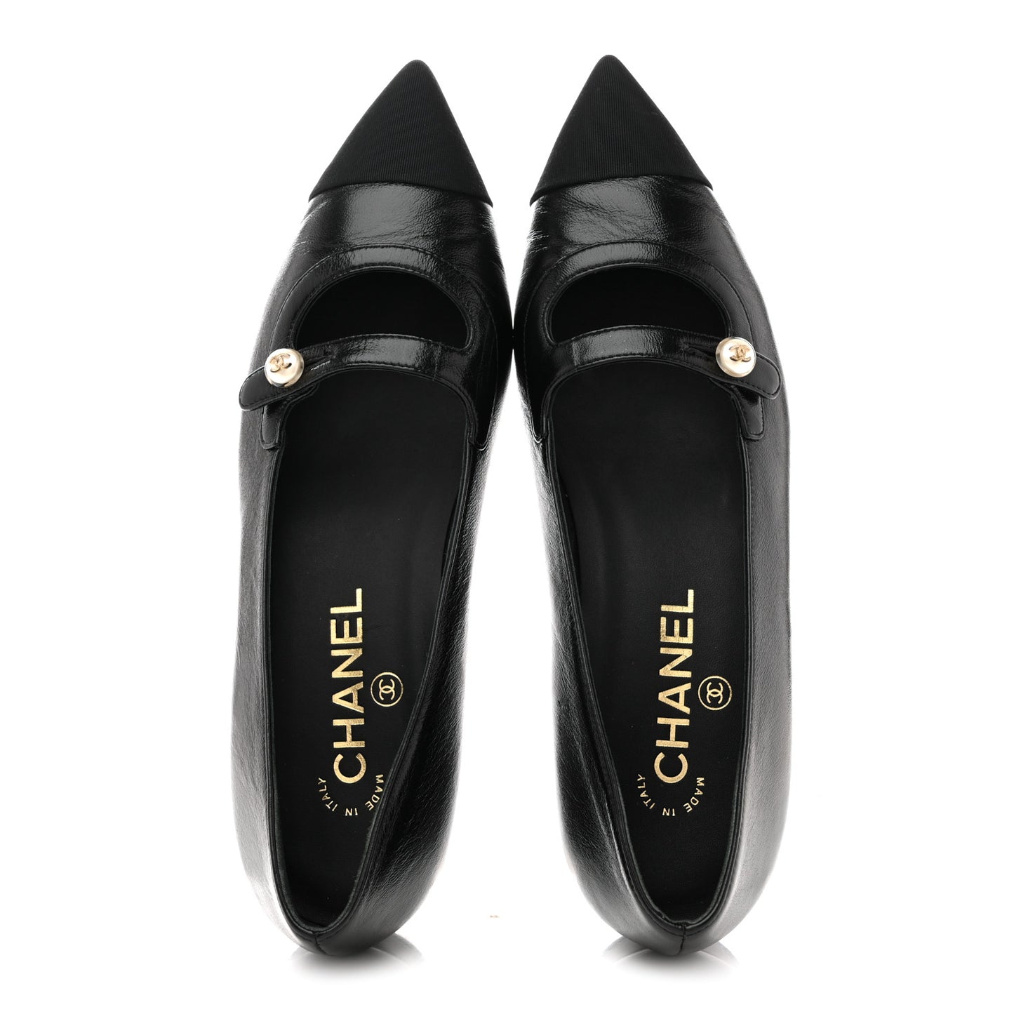 Shiny Lambskin Grosgrain Pearl Mary Jane Flats 37.5 Black