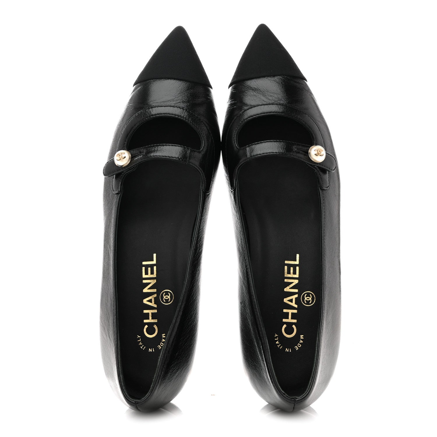 Chanel Shiny Lambskin Grosgrain Pearl Mary Jane Flats 37.5 Black 2 of 10