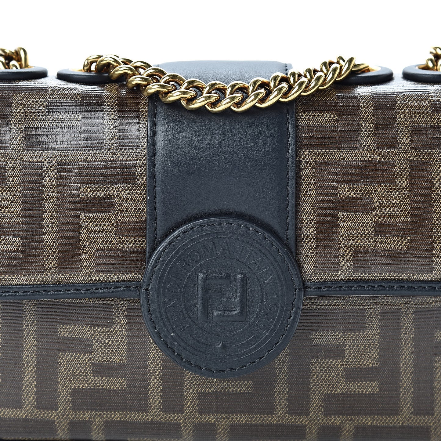 Glazed Fabric Vitello Century FF 1974 Stamp Patch Mini Double F Crossbody Bag Mogano Panna Black