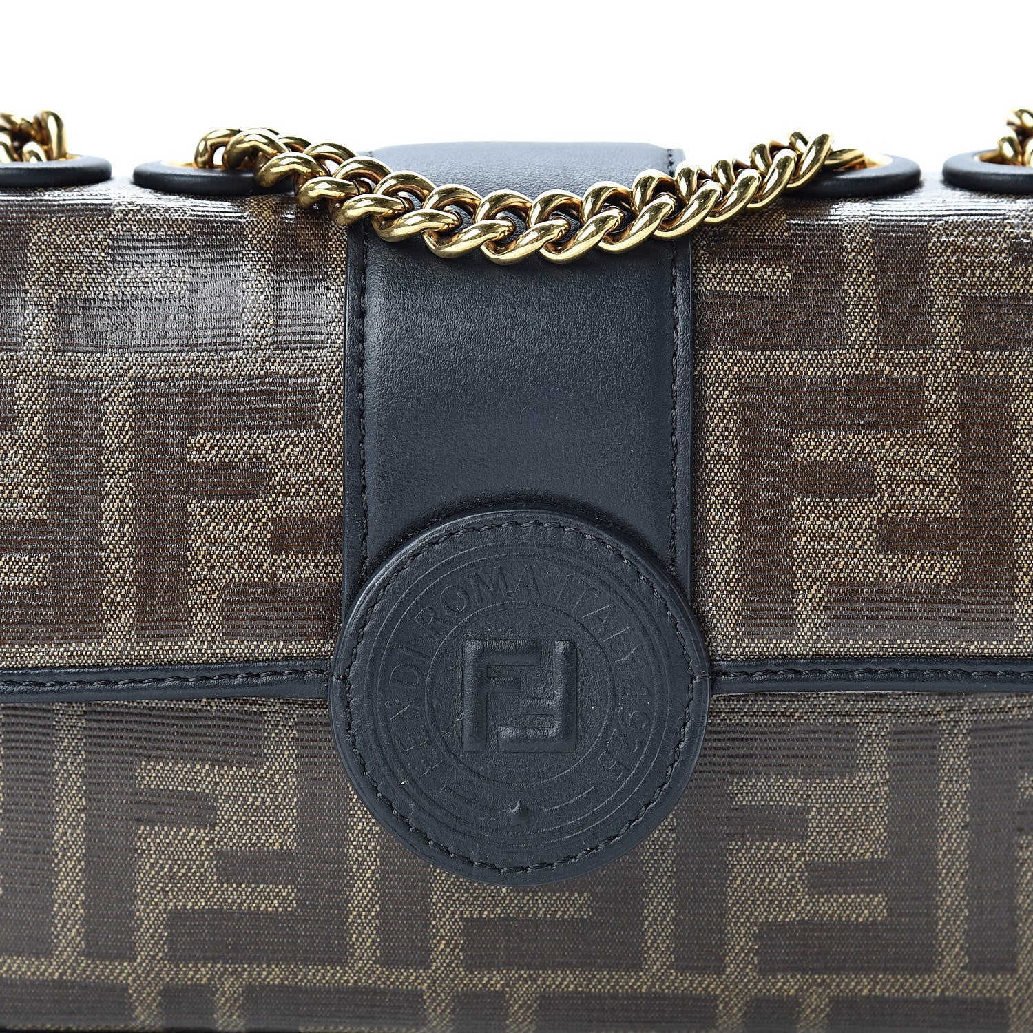 Fendi Glazed Fabric Vitello Century FF 1974 Stamp Patch Mini Double F Crossbody Bag Mogano Panna Black 8 of 10