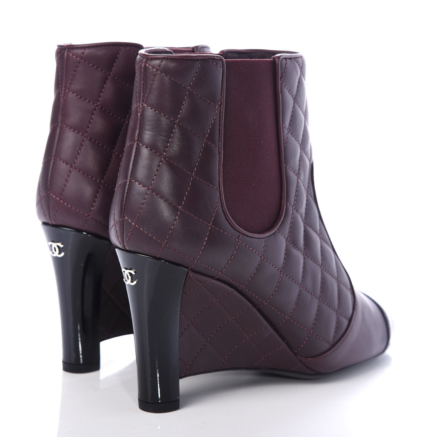 Chanel Lambskin Patent Quilted Wedge Ankle Boots 37.5 Burgundy 4 of 11