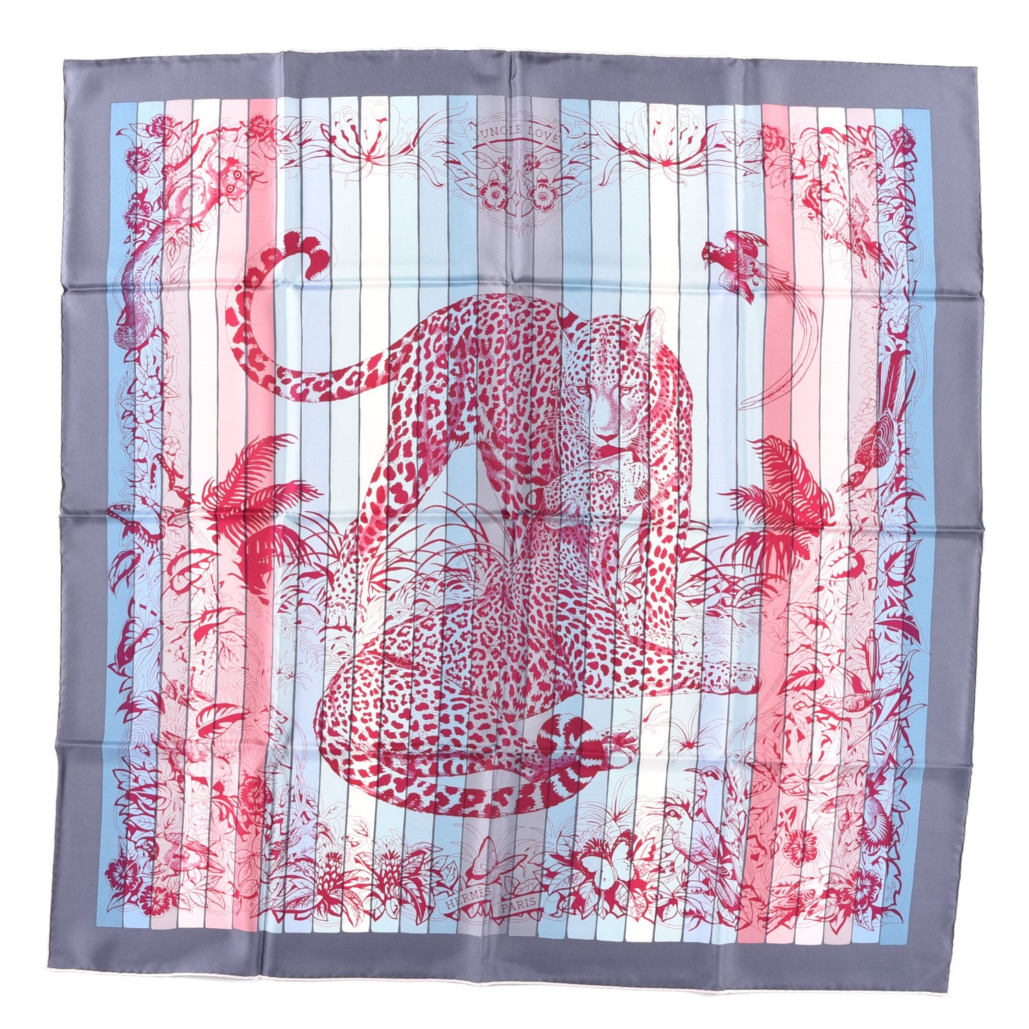 Hermes Silk Jungle Love Rainbow Scarf 90 Bleu Rose Gris 1 of 3