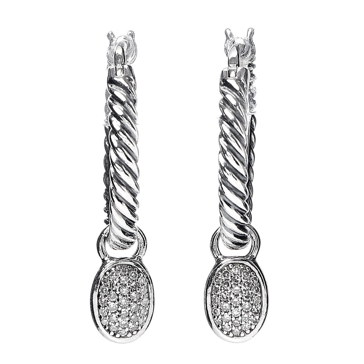Sterling Silver Diamond Pave Hoop Drop Earrings