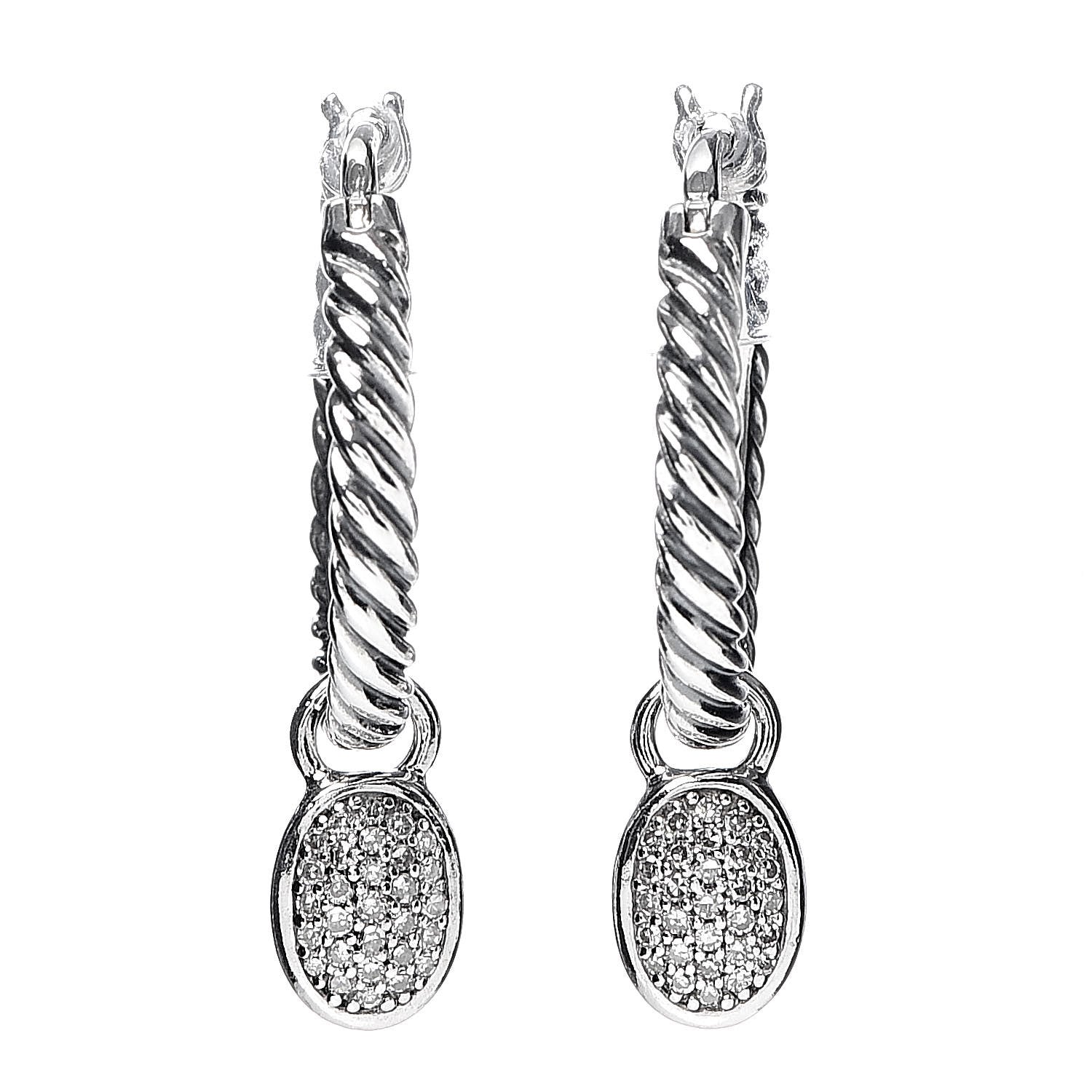 David Yurman Sterling Silver Diamond Pave Hoop Drop Earrings 1 of 4