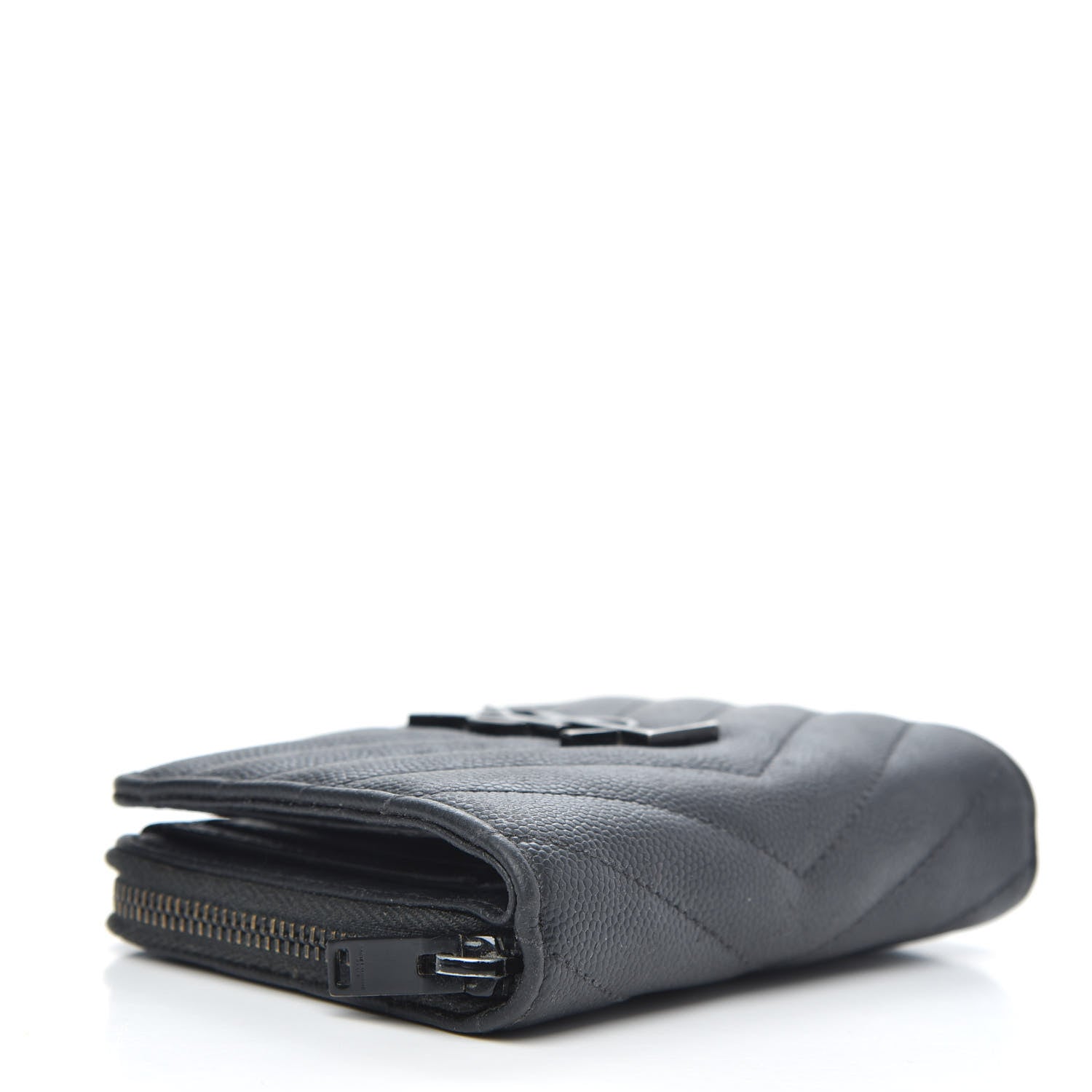 Saint Laurent Grain De Poudre Matelasse Chevron Monogram Compact Zip Around Wallet Black 4 of 11