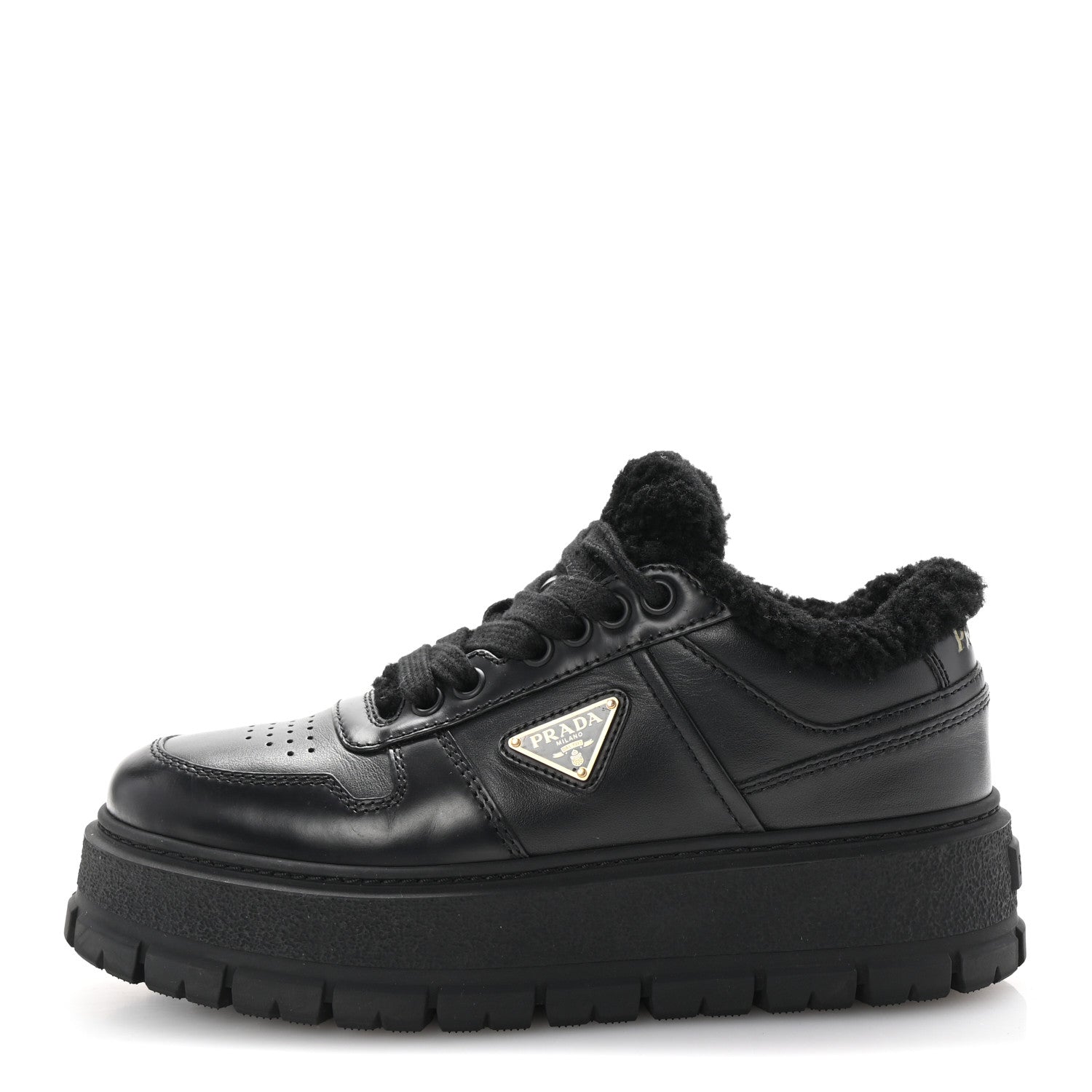 Prada Calfskin Shearling Metal Triangle Logo Sneakers 35.5 Black 1 of 10