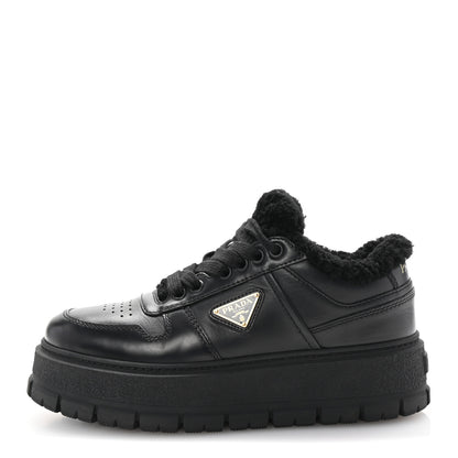 Prada Calfskin Shearling Metal Triangle Logo Sneakers 35.5 Black 1 of 10