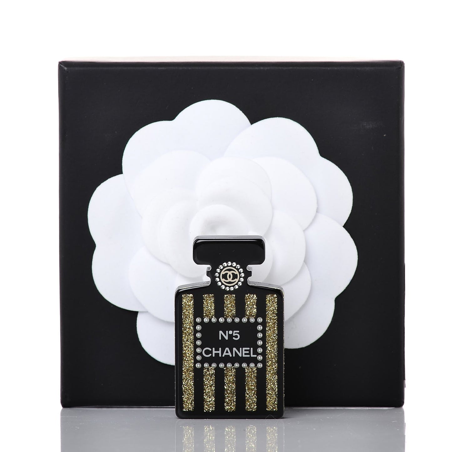Resin Strass Perfume Bottle CC Brooch Black Gold