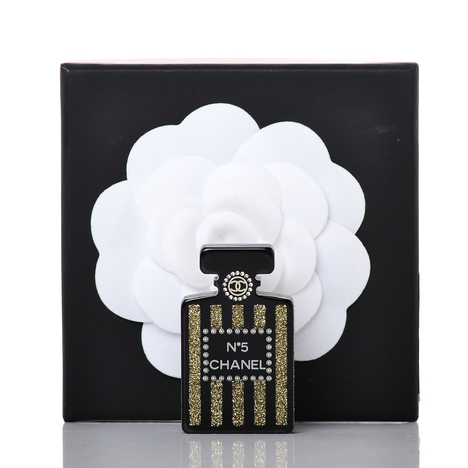 Chanel Resin Strass Perfume Bottle CC Brooch Black Gold 4 of 4