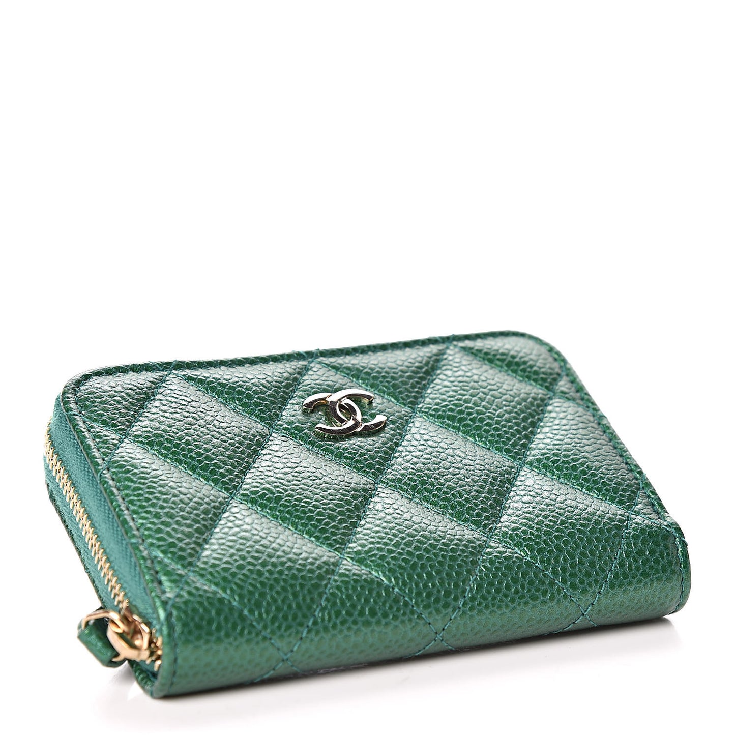 Metallic Caviar Quilted Zip Coin Purse Green