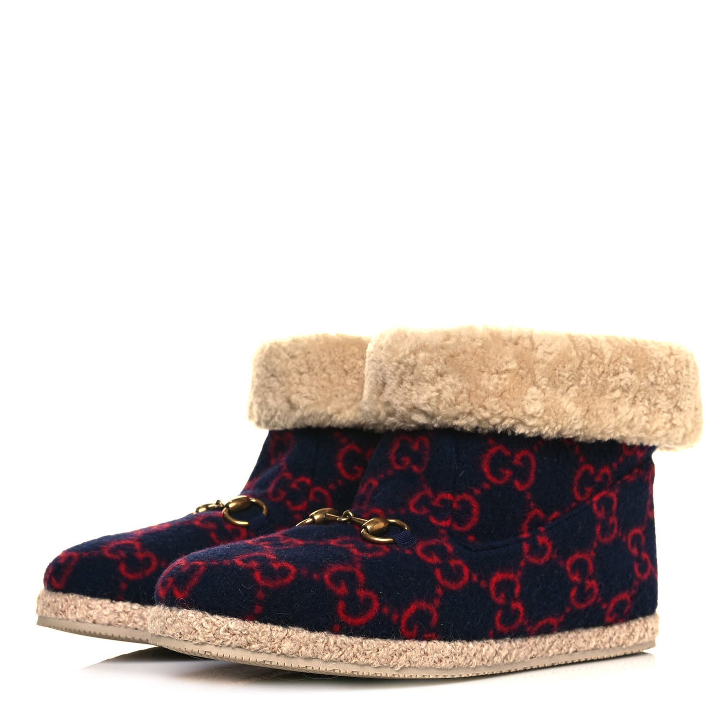 Covered Wool GG Monogram Womens Fria Horsebit Ankle Boots 40.5 Blue Red Butterscotch