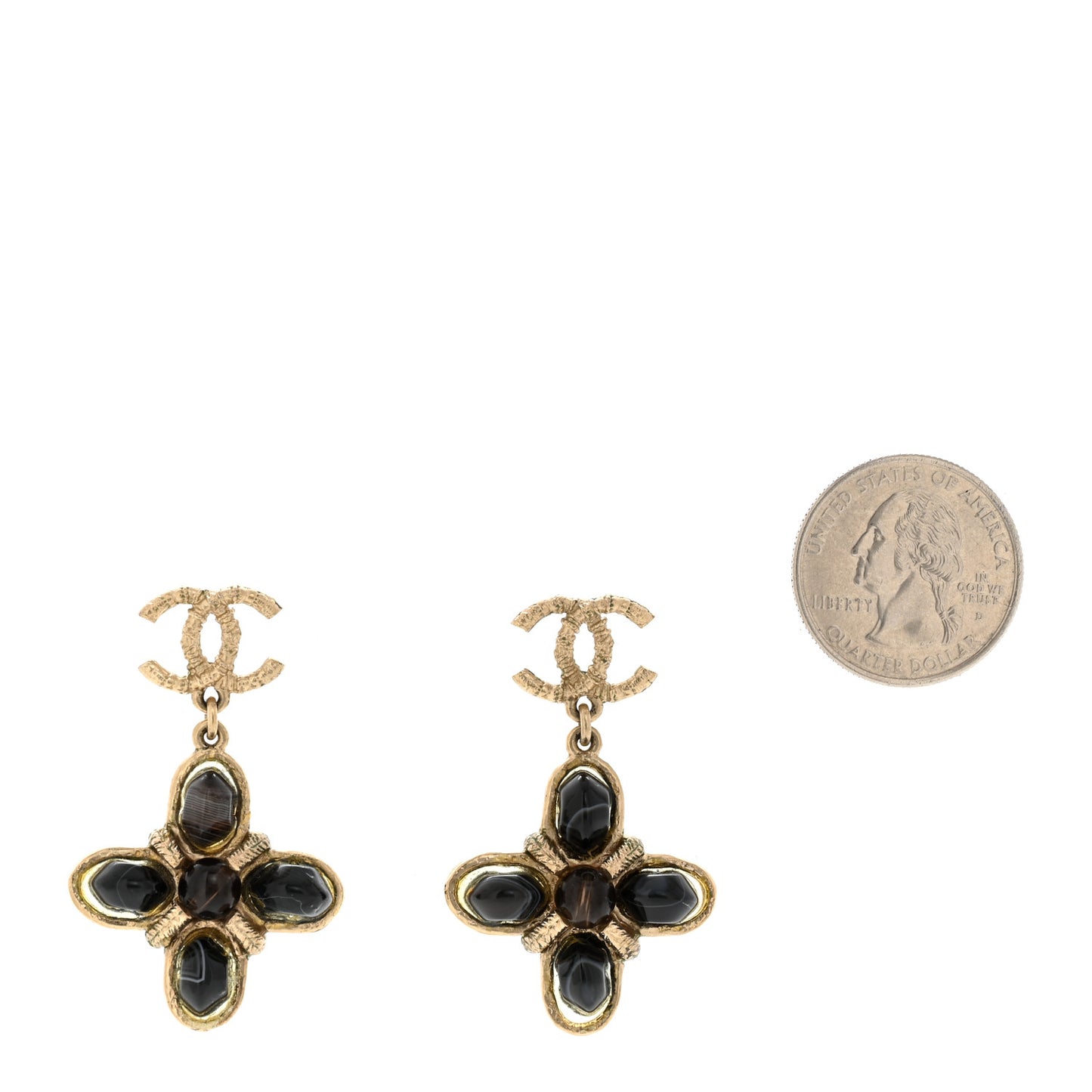 Resin CC Flower Drop Earrings Gold Black