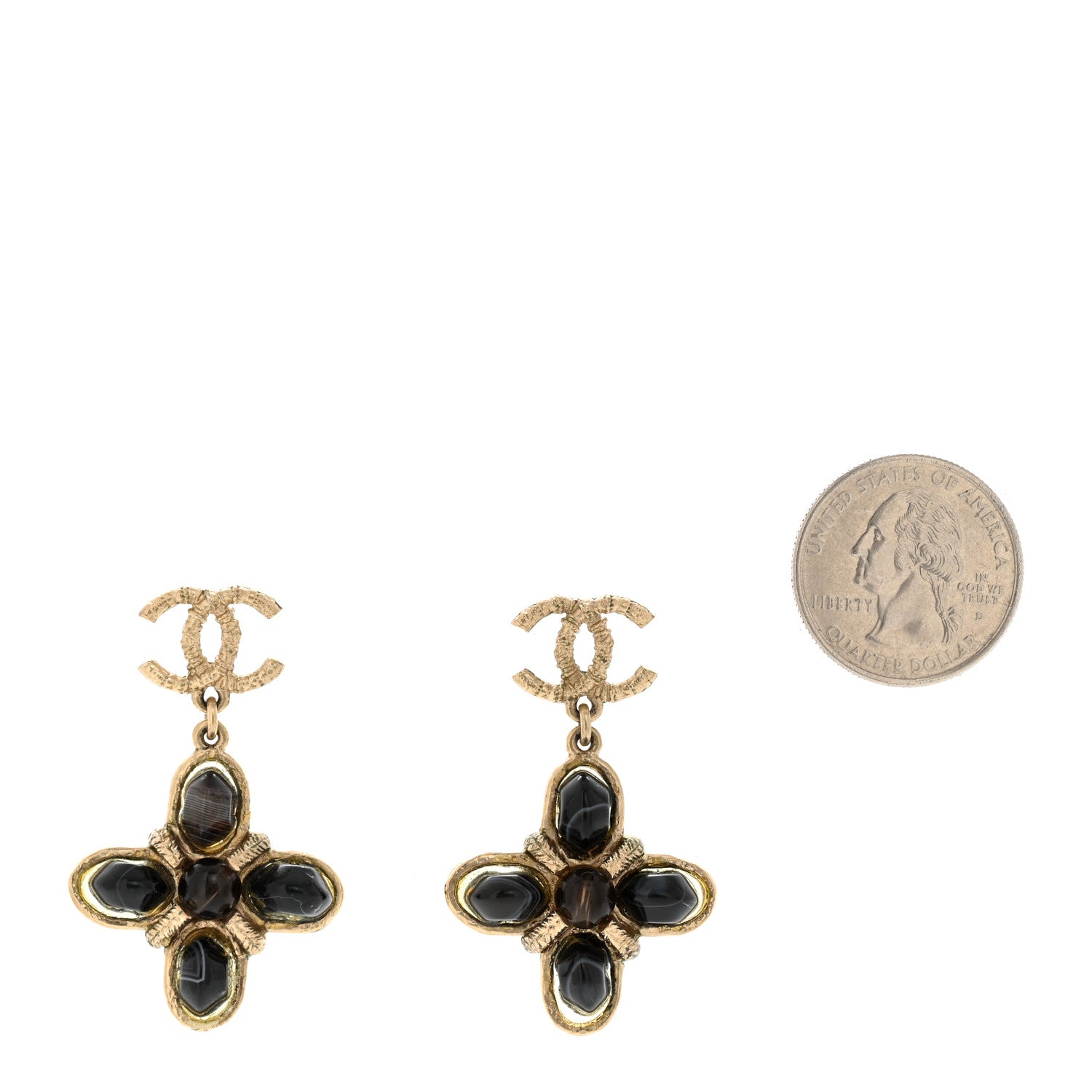 Chanel Resin CC Flower Drop Earrings Gold Black 2 of 5