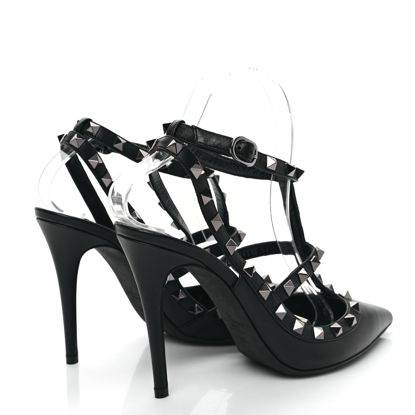 Calfskin Nappa Rockstud Ankle Strap 100mm Pumps 38.5 Black