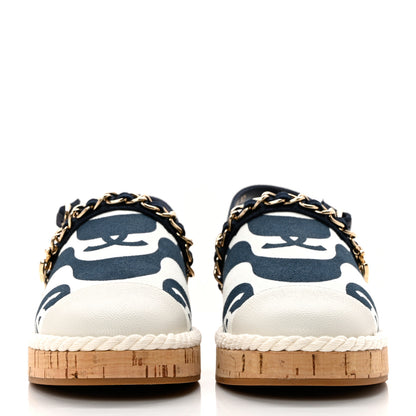 Chanel Lambskin Cotton Cork Printed Cap Toe Chain Mules Sandals 37 Navy White 2 of 9